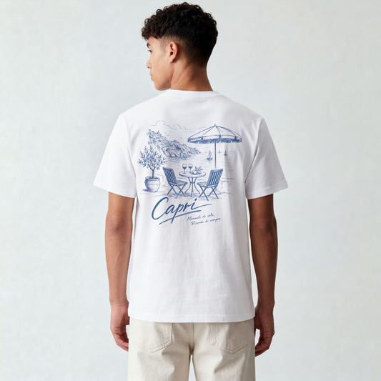 Capri Beach Scene T-Shirt — Vintage Blue Seaside Illustration