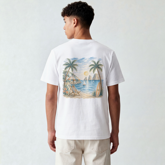 Beach Sunset T-Shirt — Tropical Palm Surf Graphic Tee