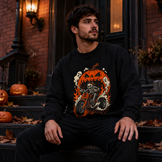 Halloween Skeleton Riding Motorcycle Crewneck Sweatshirt