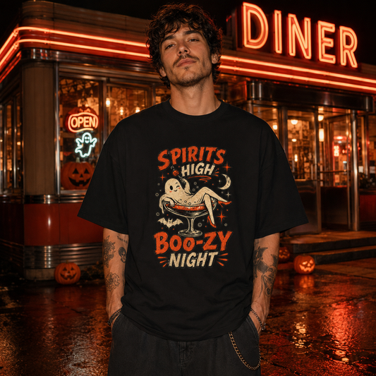 Boo-zy Night Ghost Tee — 'Spirits High' Halloween Party T-Shirt