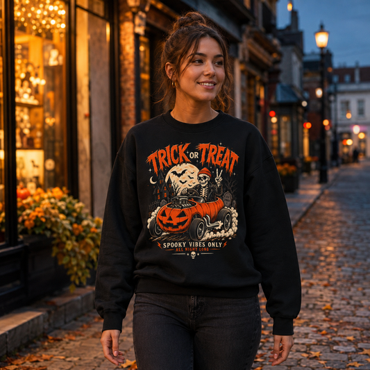 Halloween Crewneck Sweatshirt — "Trick or Treat" Pumpkin Car Racer Graphic