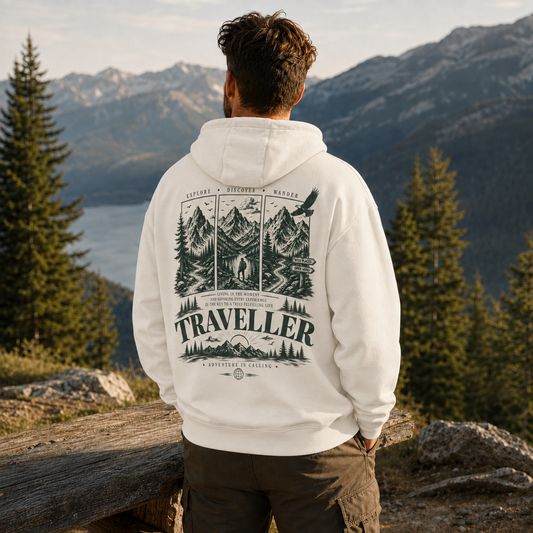 Traveller Hoodie — Vintage Mountain Travel Graphic Hoodie
