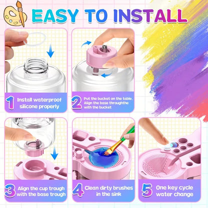 Water Cycle System Paint Brush Cleaner with Paint Palette, Paint Brush Rinse Cup Holder, Automatic Washing Tool, Art Supplies
