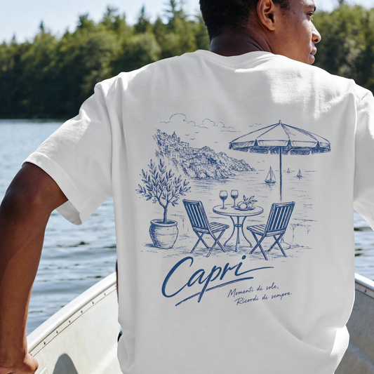 Capri Beach Scene T-Shirt — Vintage Blue Seaside Illustration