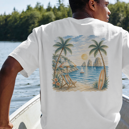 Beach Sunset T-Shirt — Tropical Palm Surf Graphic Tee