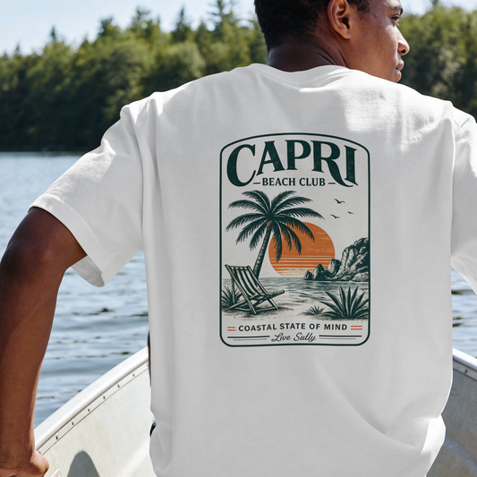 Capri Beach Club T‑Shirt — Coastal Palm Sunset Graphic Tee