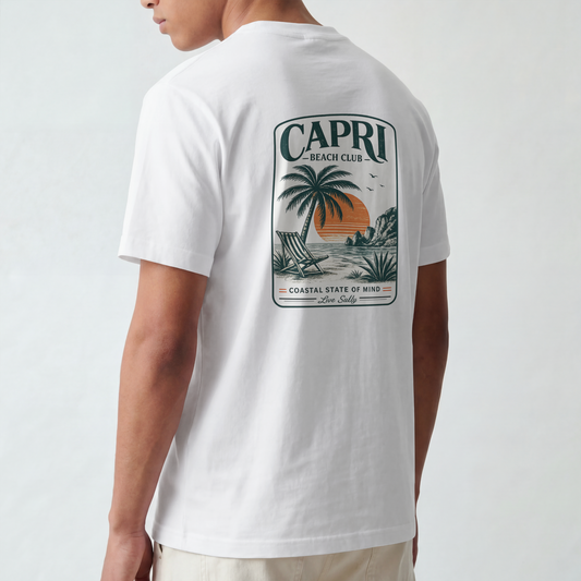 Capri Beach Club T‑Shirt — Coastal Palm Sunset Graphic Tee
