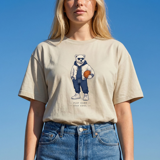 Bear Holding Basketball T‑Shirt — 'Play Hard, Stay Cool' Graphic Tee