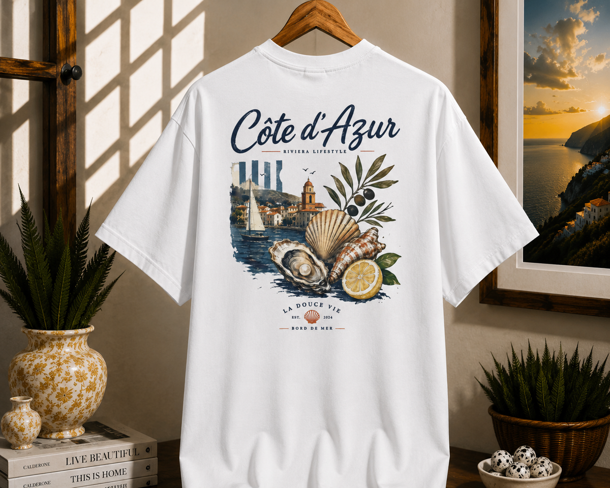 Côte d'Azur Beach Tee — Retro French Riviera Shell & Lemon Graphic T‑Shirt