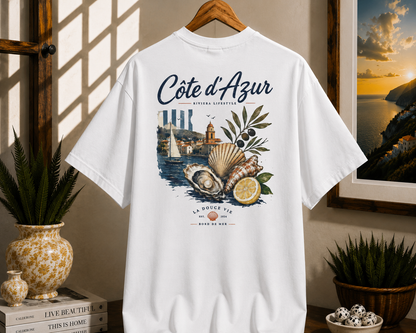 Côte d'Azur Beach Tee — Retro French Riviera Shell & Lemon Graphic T‑Shirt