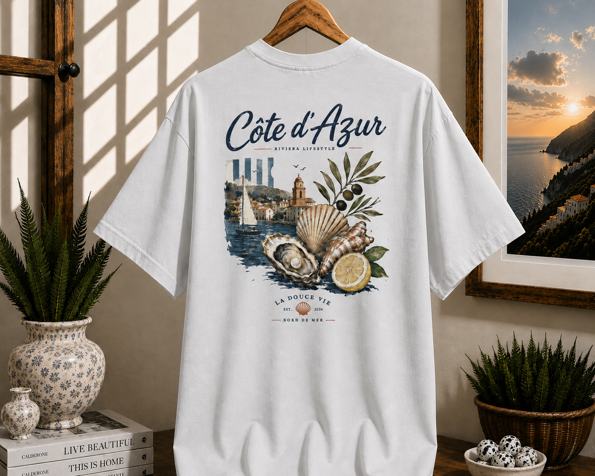 Côte d'Azur Beach Tee — Retro French Riviera Shell & Lemon Graphic T‑Shirt