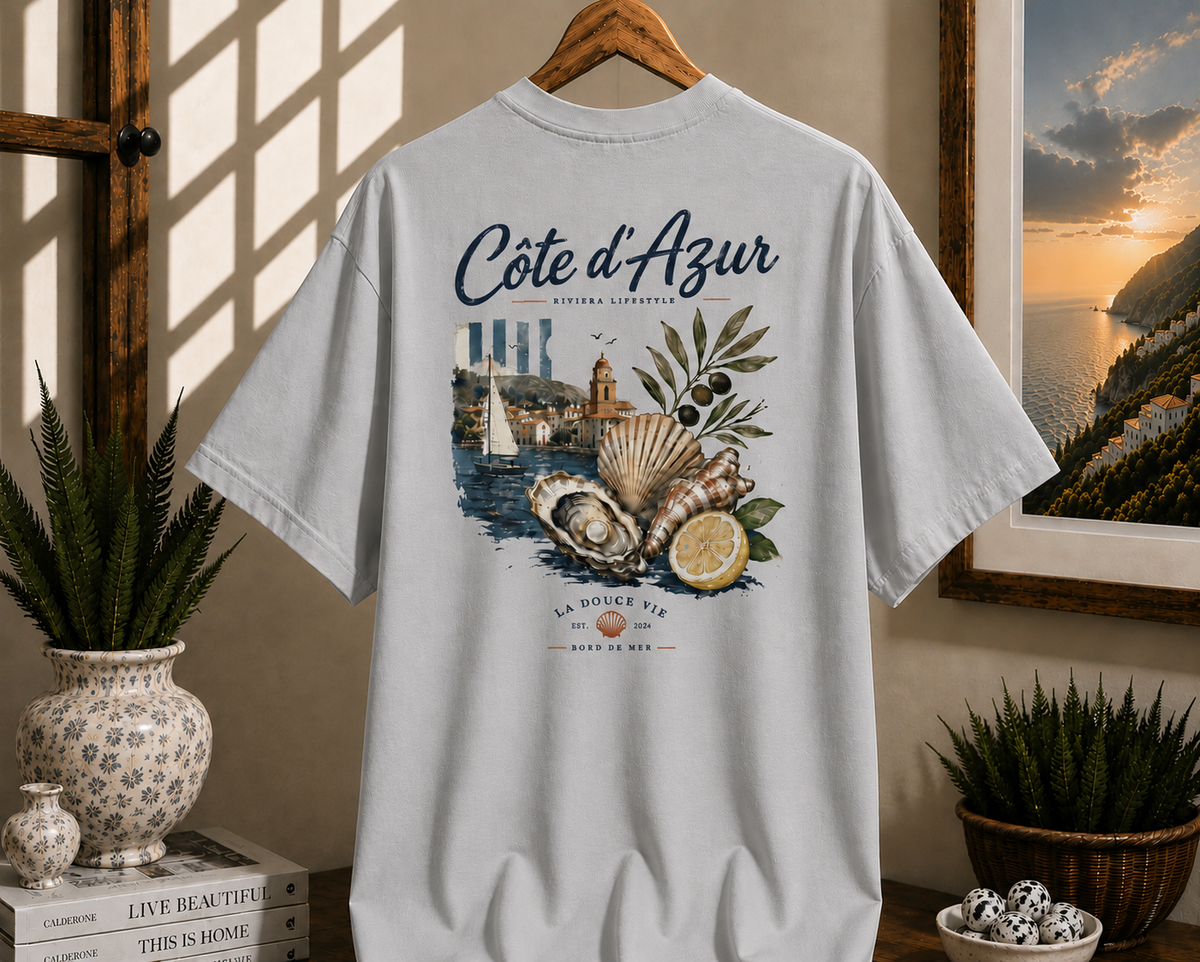 Côte d'Azur Beach Tee — Retro French Riviera Shell & Lemon Graphic T‑Shirt