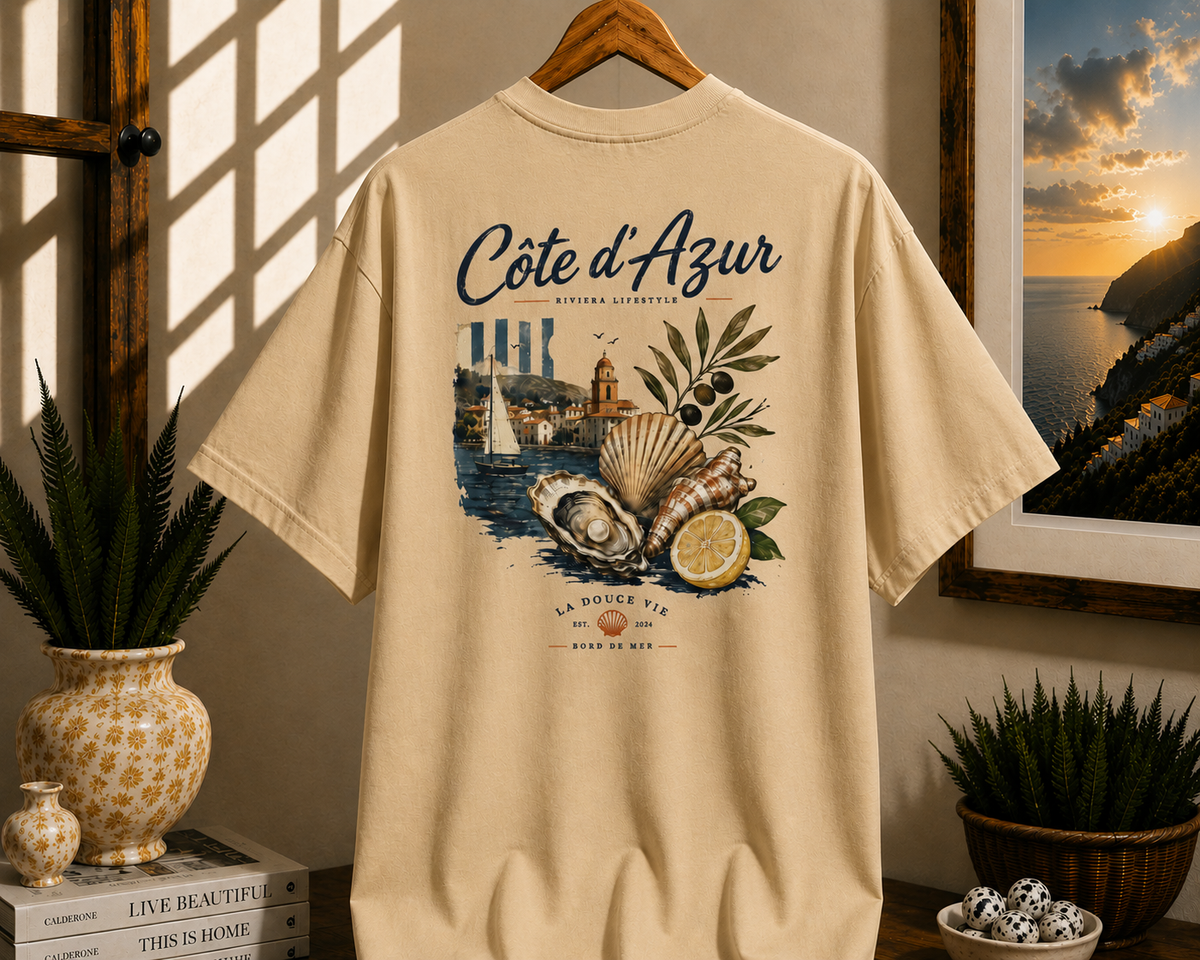 Côte d'Azur Beach Tee — Retro French Riviera Shell & Lemon Graphic T‑Shirt