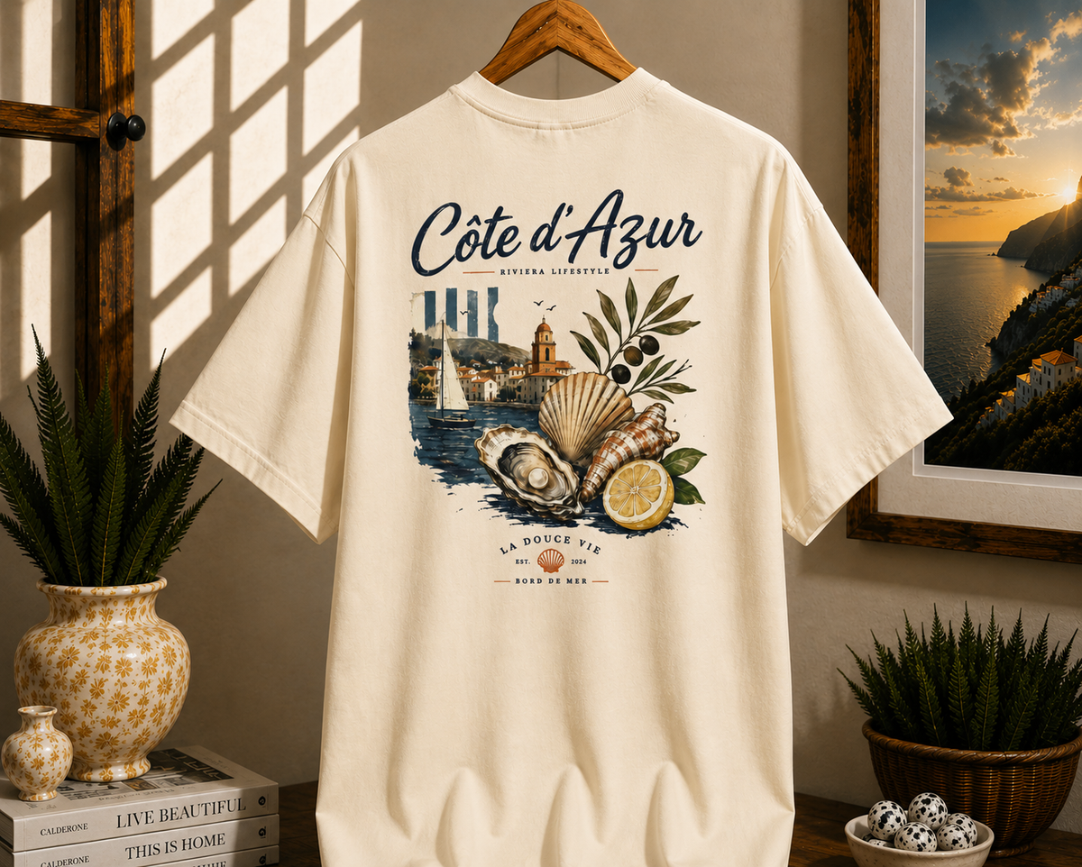 Côte d'Azur Beach Tee — Retro French Riviera Shell & Lemon Graphic T‑Shirt