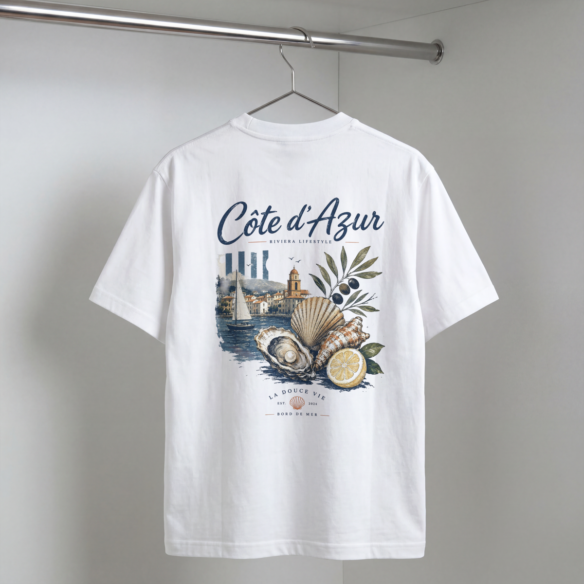 Côte d'Azur Beach Tee — Retro French Riviera Shell & Lemon Graphic T‑Shirt