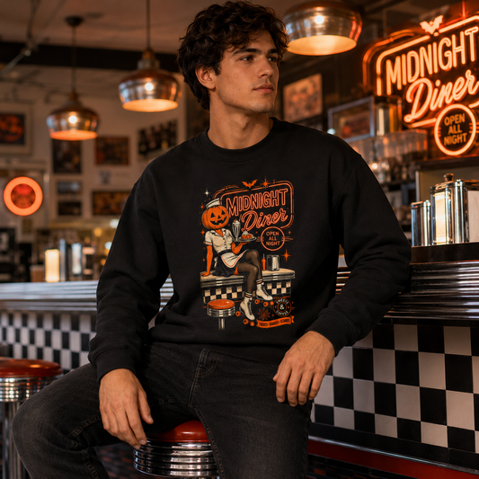 Midnight Diner Pumpkin Girl Sweatshirt – Halloween Retro Diner Graphic Crewneck