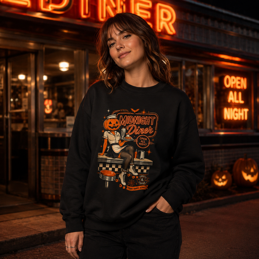 Midnight Diner Pumpkin Girl Sweatshirt – Halloween Retro Diner Graphic Crewneck