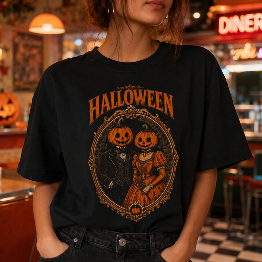 Halloween Pumpkin Couple Tee – Vintage Pumpkinhead Portrait Shirt