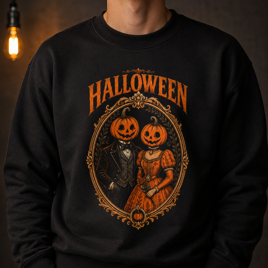 Vintage Halloween Pumpkin Couple Sweatshirt – Retro Jack-o'-Lantern Graphic Crewneck