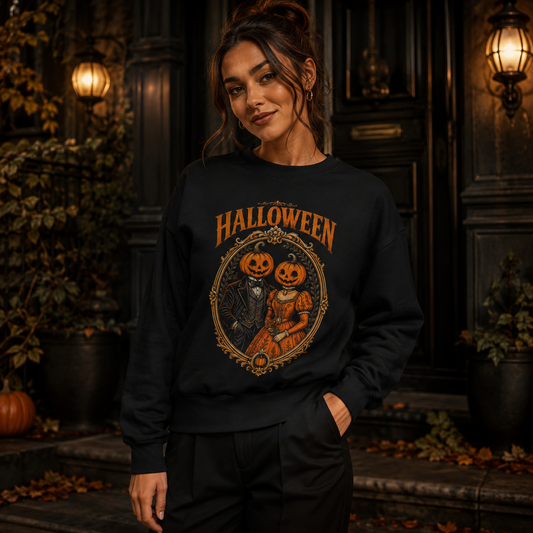 Vintage Halloween Pumpkin Couple Sweatshirt – Retro Jack-o'-Lantern Graphic Crewneck