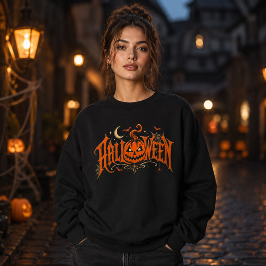 Halloween Pumpkin Crewneck Sweatshirt – Jack-O'-Lantern Gothic Graphic