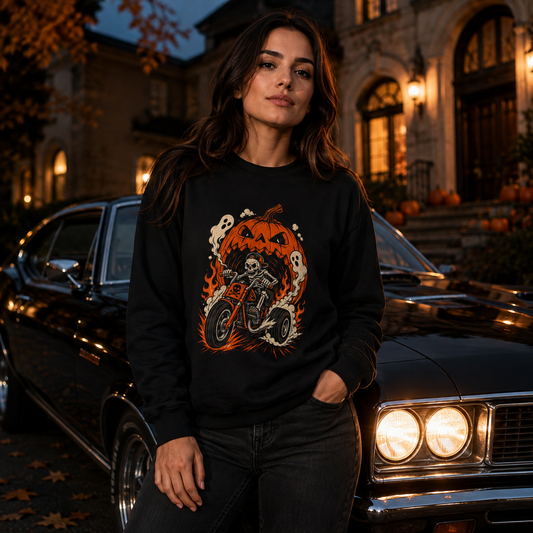 Halloween Skeleton Riding Motorcycle Crewneck Sweatshirt