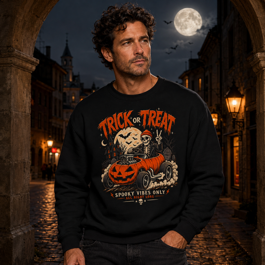 Halloween Crewneck Sweatshirt — "Trick or Treat" Pumpkin Car Racer Graphic