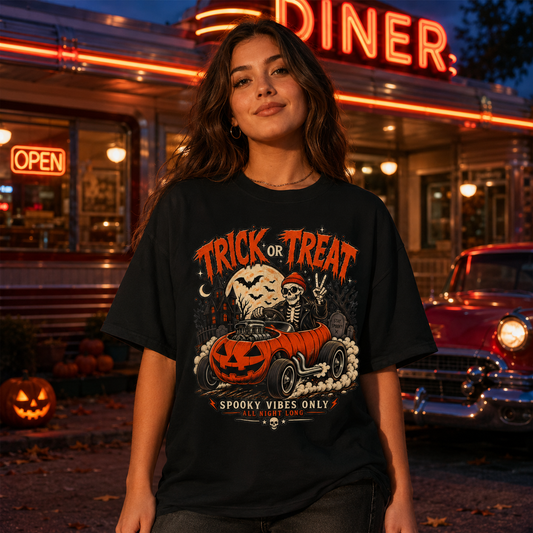 Halloween Trick or Treat Tee — Pumpkin Car Hotrod Skeleton Graphic T-Shirt