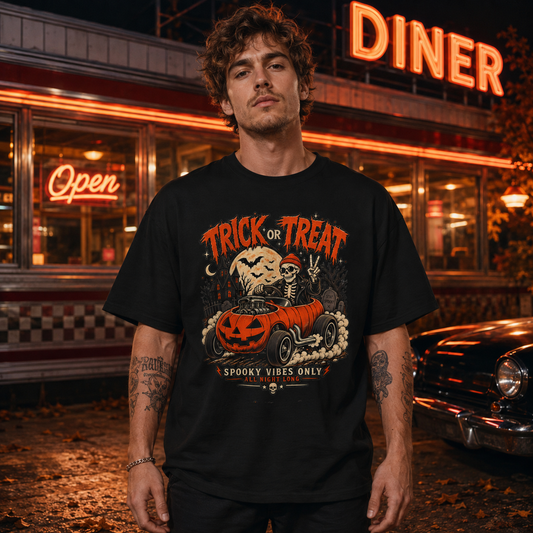 Halloween Trick or Treat Tee — Pumpkin Car Hotrod Skeleton Graphic T-Shirt