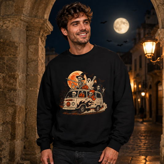 Halloween Crewneck Sweatshirt — Spooky Van with Ghosts, Pumpkins & Full Moon