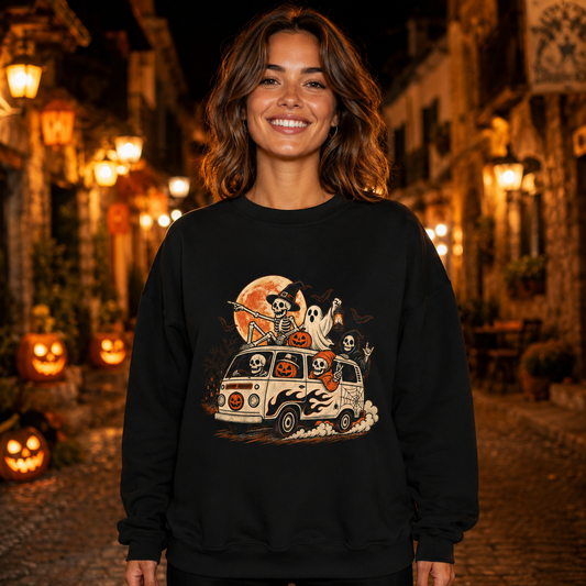 Halloween Crewneck Sweatshirt — Spooky Van with Ghosts, Pumpkins & Full Moon