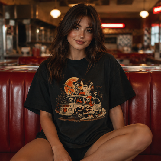 Halloween Road Trip T-Shirt — Spooky Van with Ghosts & Pumpkins