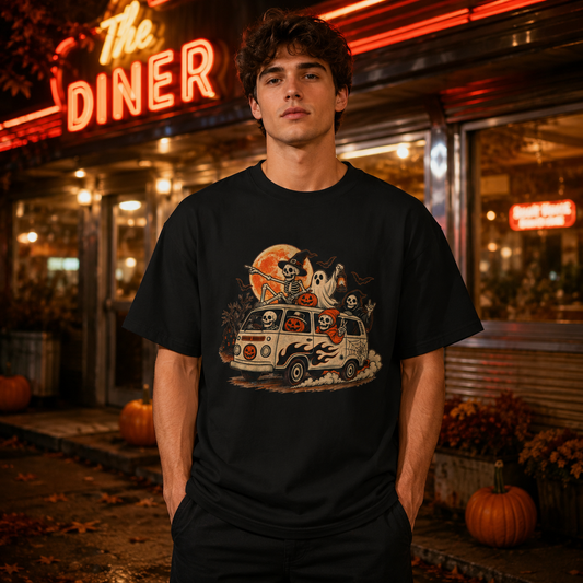Halloween Road Trip T-Shirt — Spooky Van with Ghosts & Pumpkins