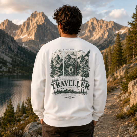 Traveller Crewneck Sweatshirt – Adventure Mountains Graphic