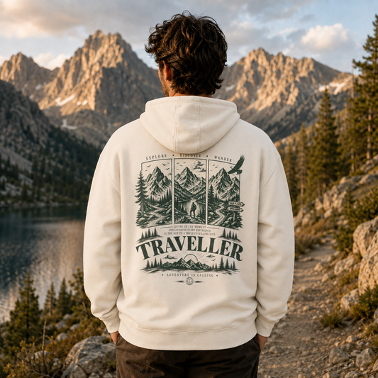 Traveller Hoodie — Vintage Mountain Travel Graphic Hoodie