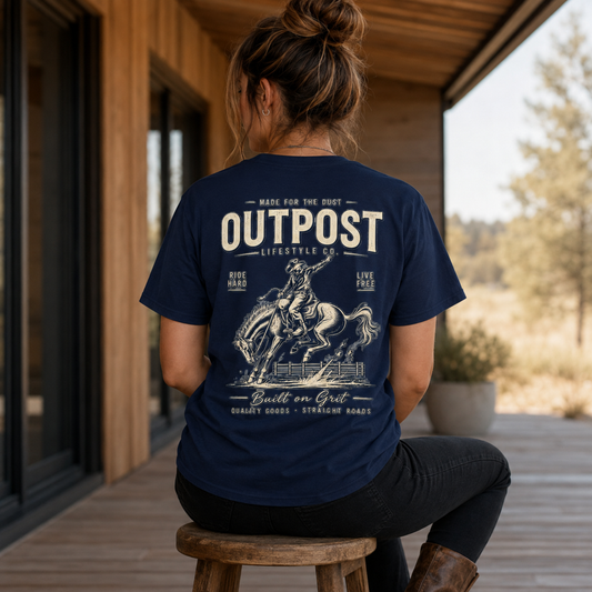 Outpost Rodeo T-Shirt — Vintage Cowboy Bucking Horse Graphic Tee
