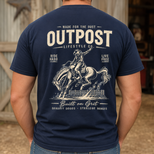 Outpost Rodeo T-Shirt — Vintage Cowboy Bucking Horse Graphic Tee
