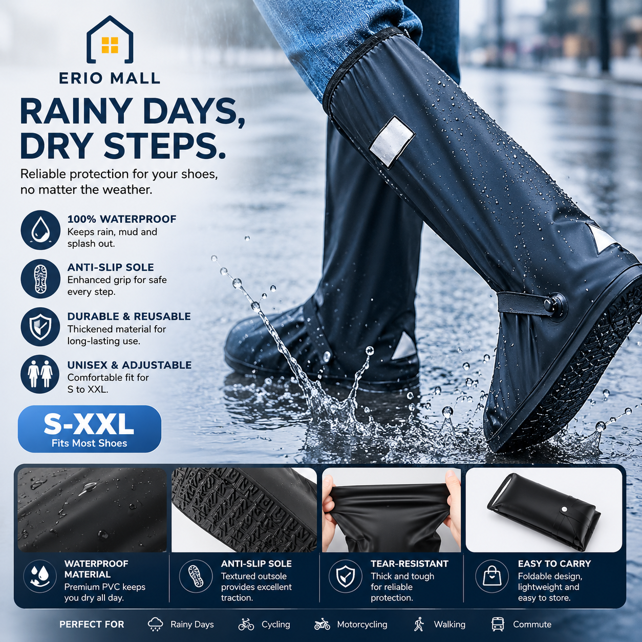 S-XXL Reusable Motorcycle Bike Rain Shoes Cover Anti-Slip Boot Pants Covers Unisex Cycling Shoes Protectors for Rainy Snowy Day