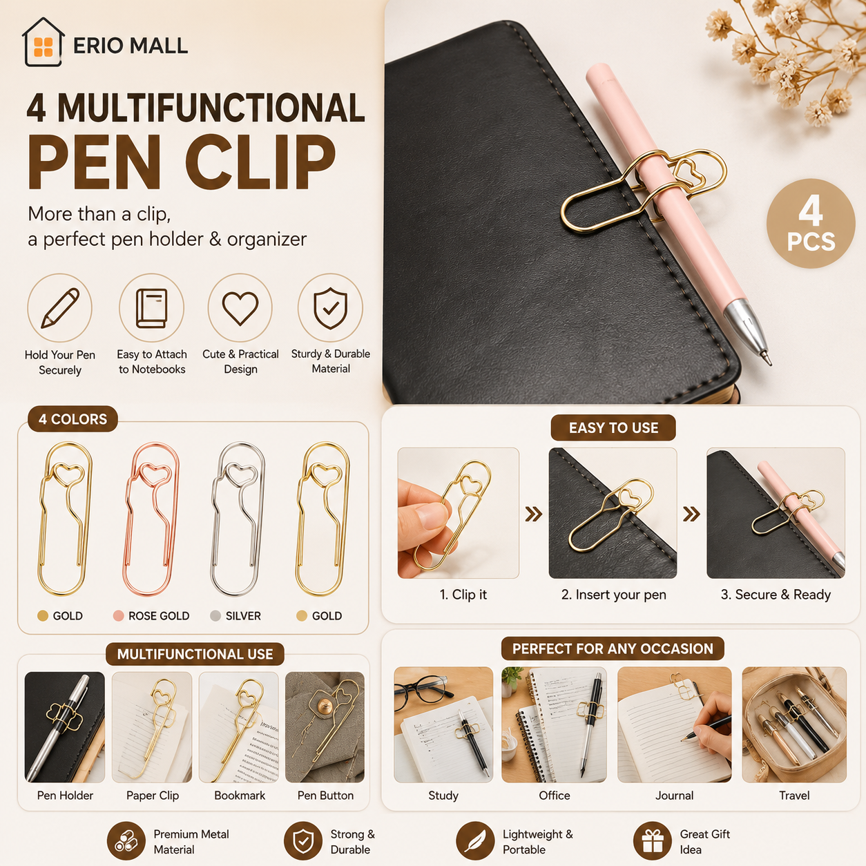 4 Multifunctional Pen Clip Pen Hanging Love Paper Clip Pen Button Notebook Accessories Fixed Seat Pen Clip