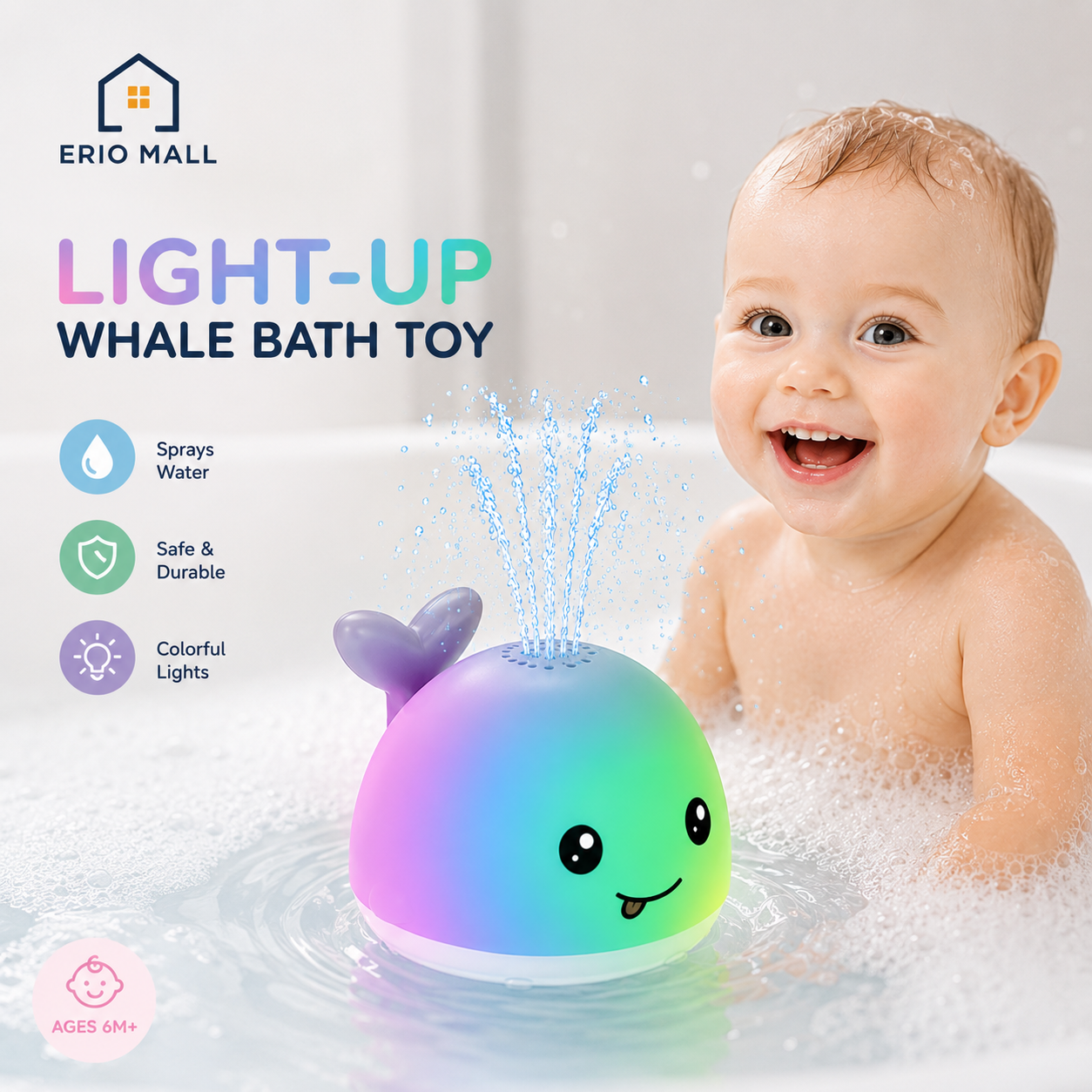 Baby Bath Toys, Toddler Bath Toys for Kids Ages 1-3, Light up Whale Bath Toy Sprinkler, Pool Water Table Infant Baby Toys 6-12-1