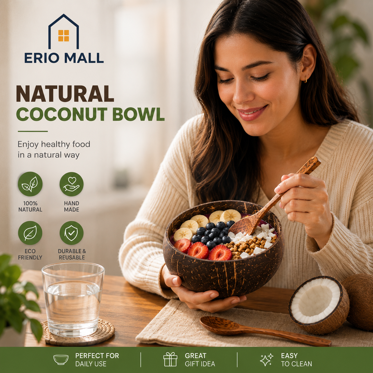 Natural Coconut Bowl Set with Spoon