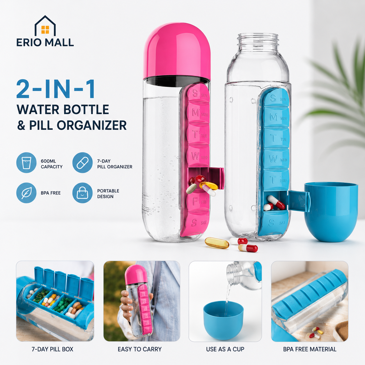 2-in-1 Pill Organizer Water Bottle