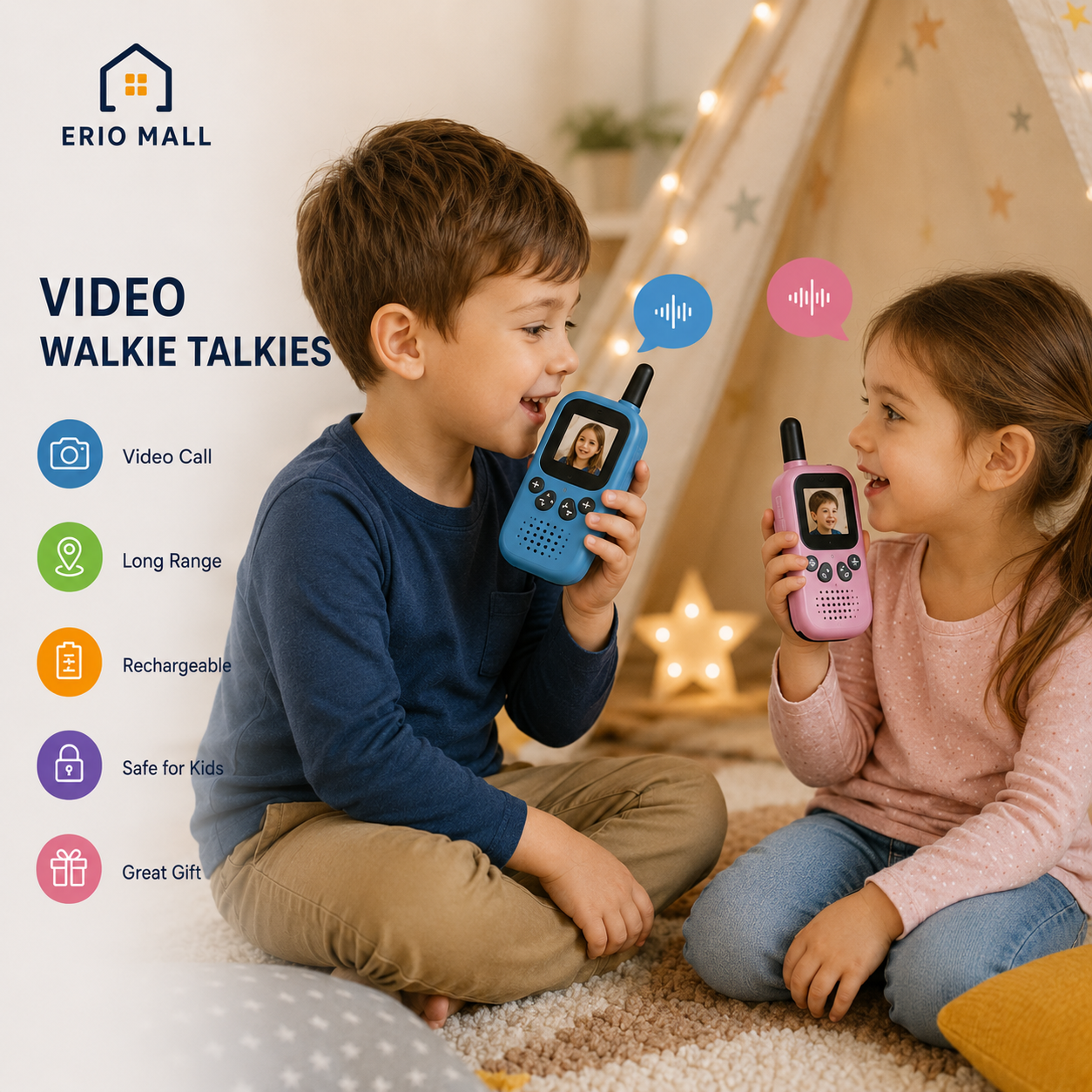 2PCS Video Walkie Talkies for Kids Rechargeable Toddler Toys for Indoor Camping Travel Birthday Gfits for Kids Ages 3-12