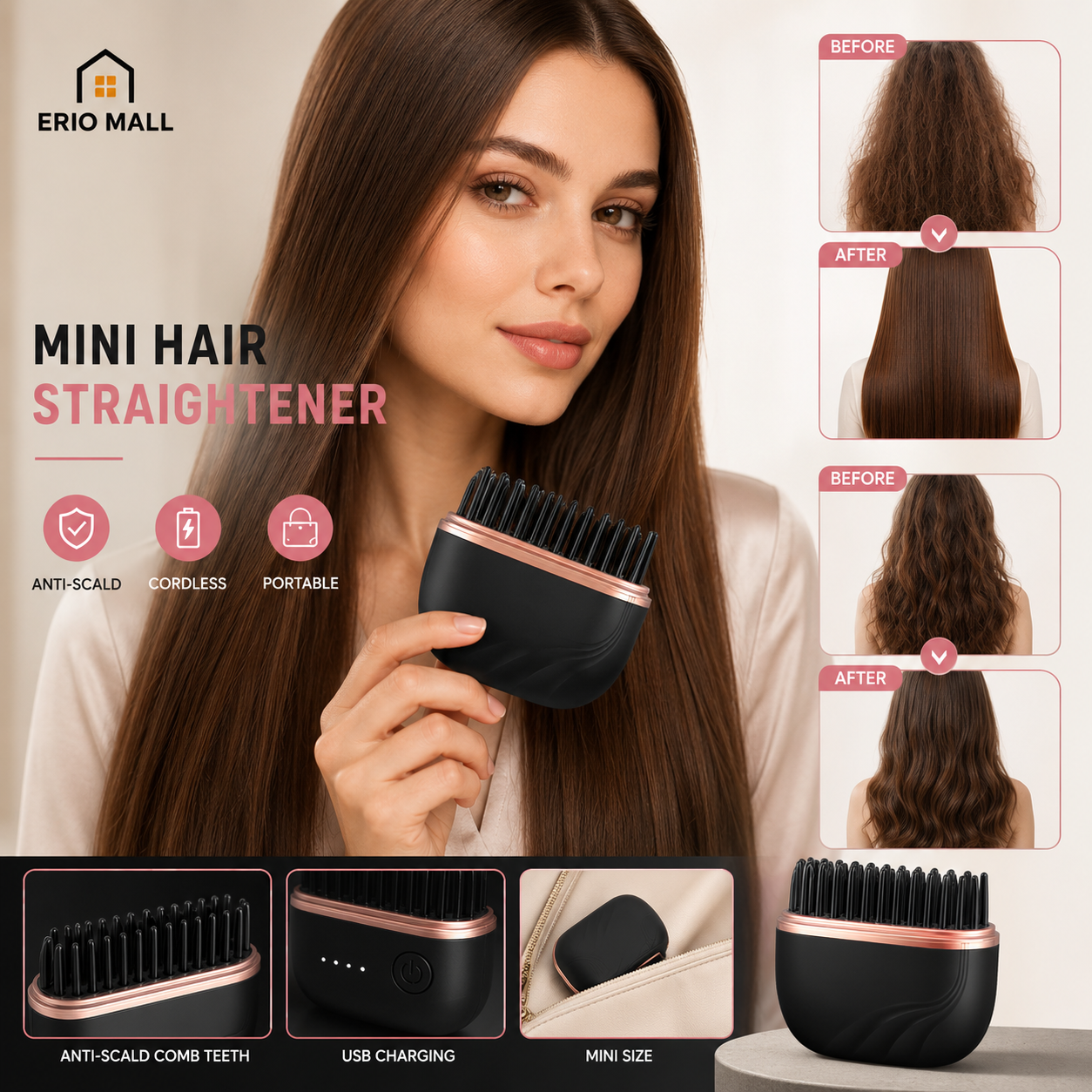 Cordless Mini Hair Straightener Brush