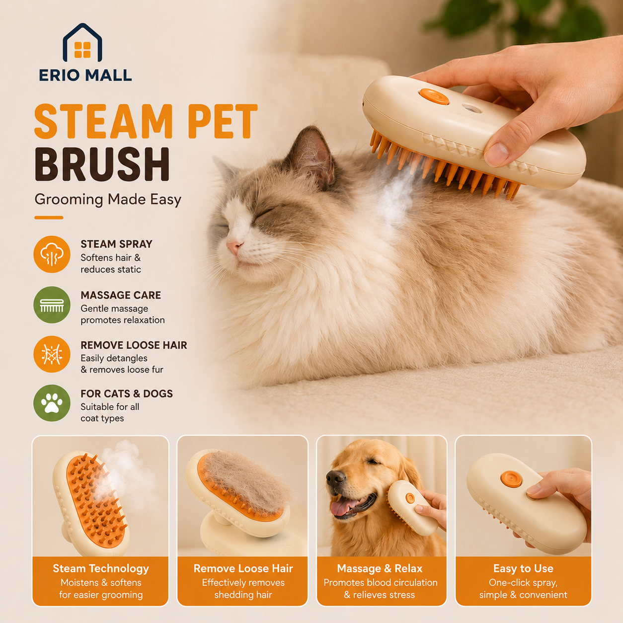 3-in-1 Steam Pet Grooming Brush