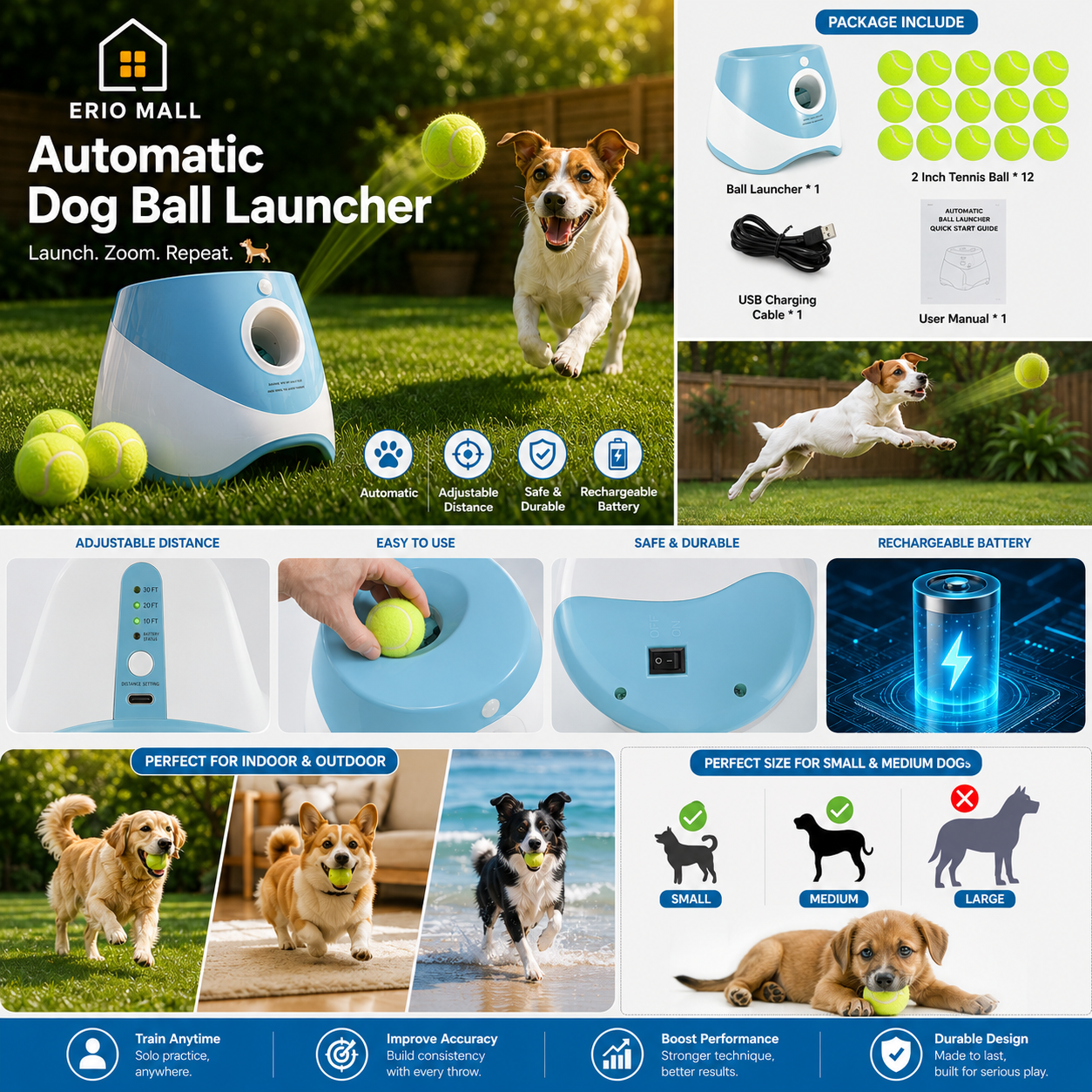 Ball Thrower for Dogs,Interactive Dog Fetch Machine,Automatic Tennis Ball Launcher with 12 Tennis Balls,Dog Ball Thrower Machine with 10-30Ft 3 Launching Distance,For Small Dogs Indoor & Outdoor