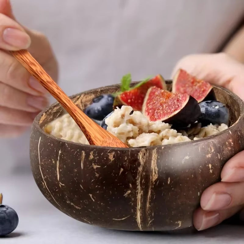 5/1PCS Natural Coconut Bowls Reusable Wooden Tableware with Spoon Dessert Fruit Salad Yogurt Coconut Bowl Home Kitchen Supplies